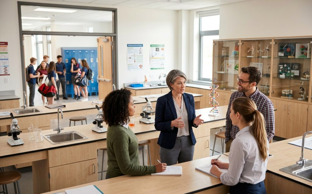 Head of science department leading a team meeting in an international school laboratory