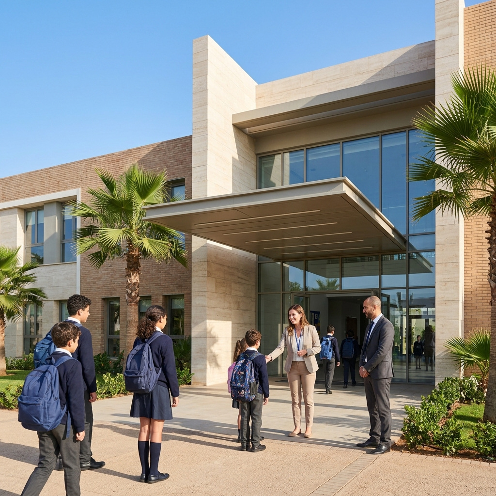 Teacher welcoming students at the entrance of a modern international school in Morocco