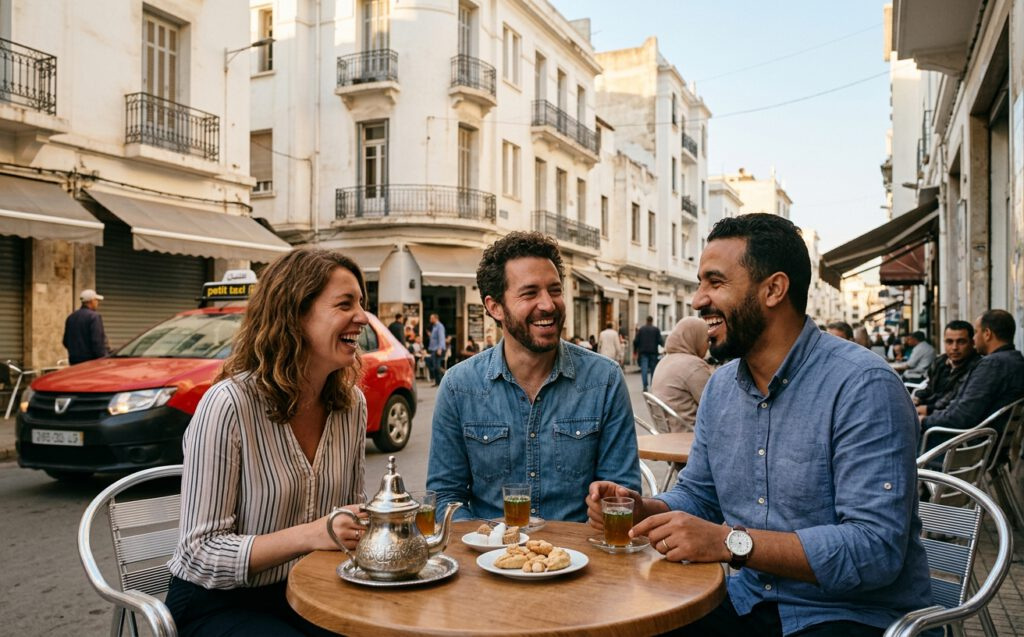 International teachers sharing mint tea with a Moroccan colleague at a café in Casablanca