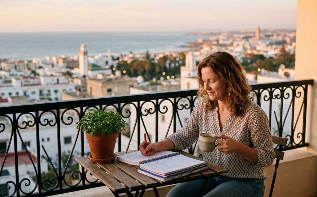 Teacher marking notebooks on her apartment balcony in Rabat