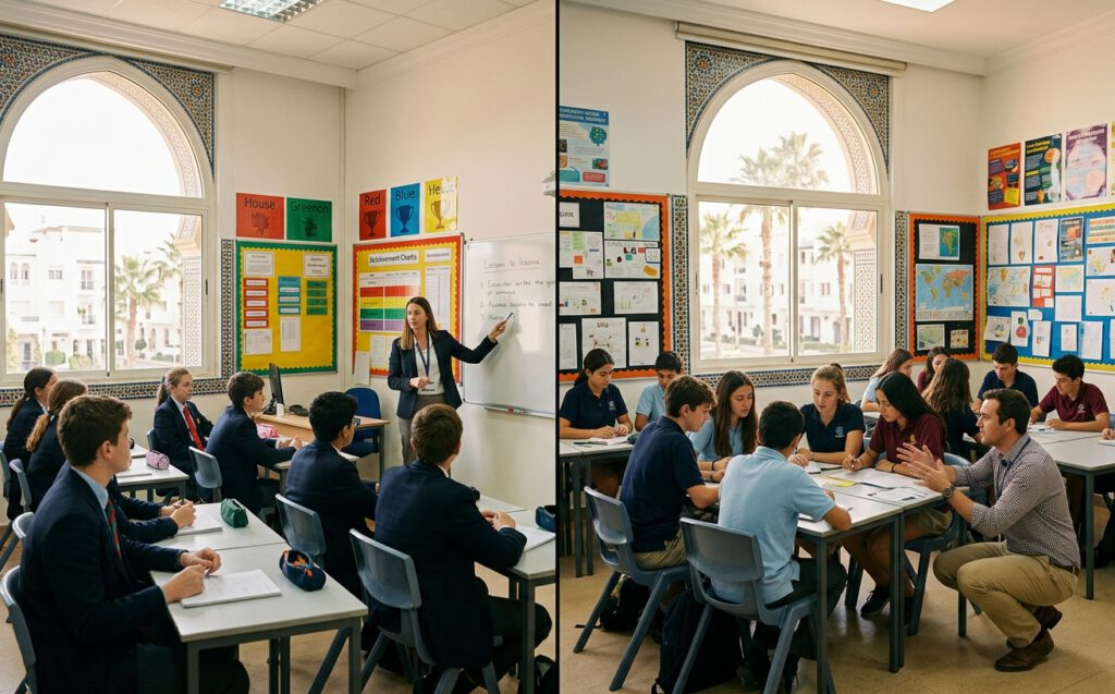British and American classrooms side by side, one with students in rows, the other with students working in groups